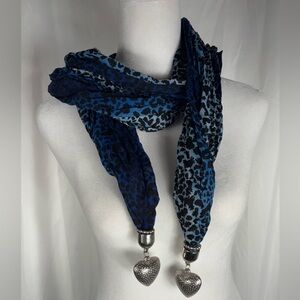 Blue and Black Animal Print Scarf  Puffed Heart Accents at Ends